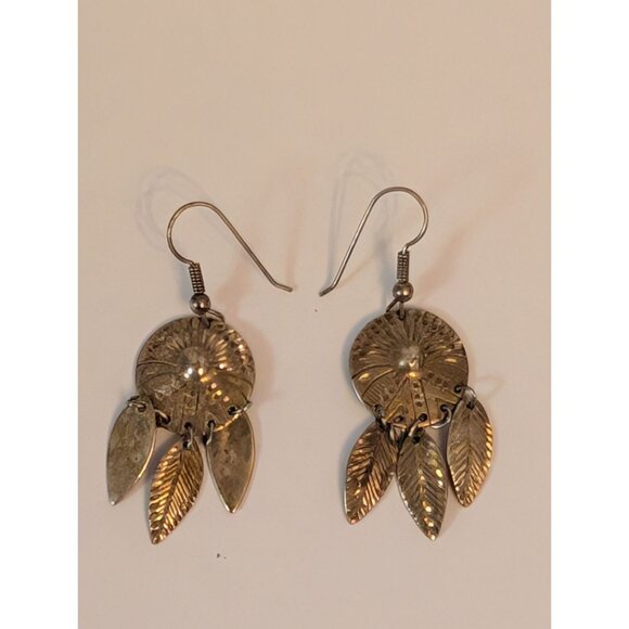 Vintage Taxco Mexican Sterling Silver Dangle Earrings Dreamcatcher Feathers - Picture 4 of 6